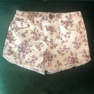 White and pink floral denim shorts